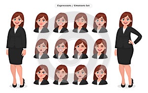 Set of different face expressions/emotions for female cartoon character. Beautiful woman emoji/avatar with various facial.