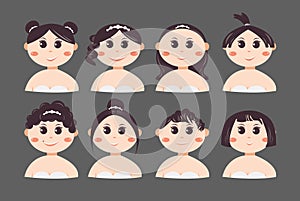 Set of different facial expressions Asians Girl or Women Cartoon Character