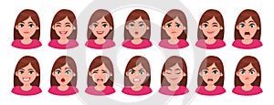 Set of different facial expressions female character. Collection of young woman feelings. Beautiful girl emoji