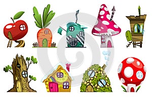 Set of different fairytale houses. Fantasy houses. Housing village illustration. Set for kids fairytale playhouse