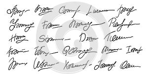 Set of different fake autographs and signatures, mimicking authenticity for certificates, letters or documents photo