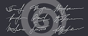 Set of different fake autographs and signatures, mimicking authenticity for certificates, letters or documents photo