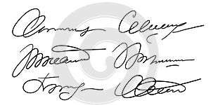 Set of different fake autographs and signatures, mimicking authenticity for certificates, letters or documents photo