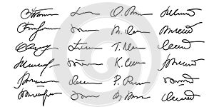 Set of different fake autographs and signatures, mimicking authenticity for certificates, letters or documents photo