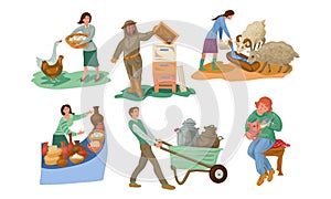 Set of different farmer people characters in various actions. Vector illustration in flat cartoon style.
