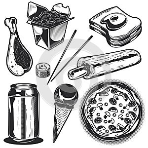 Set of different fas food elements for creating your own badges, logos, labels, posters etc. Isolated on white