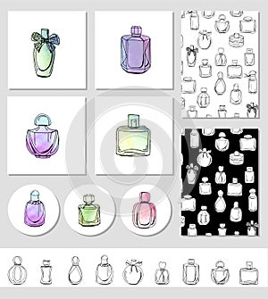 Set with different fashion templates with various perfume bottles