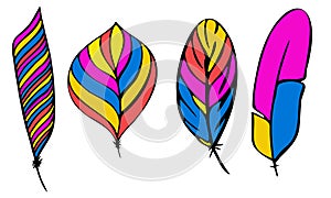 set of different feathers handwritten in colorful manner