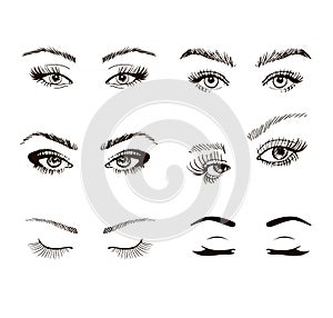 Set of different female eyes with long eyelashes, hand drawn vecor illustration