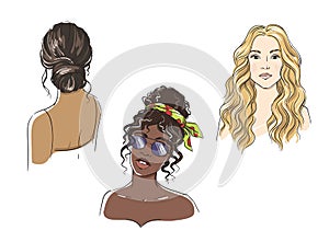 Set of different female hairstyles, women of different ethnicities  vector illustration