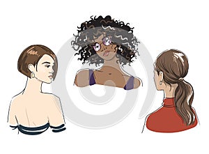 Set of different female hairstyles, women of different ethnicities  vector illustration