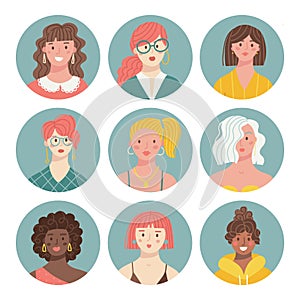 Set of different female people avatars. Collection of colorful user portraits in circles. Women characters faces. Vector