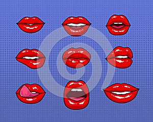 Set of different female red lips. Fashion patches elements, badges collection. Comics mouth with smile, tongue, teeth