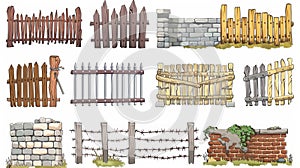 Set of different fences for gardens, farm paddocks, houses, terraces, backyards, and ranches. Modern cartoon set of