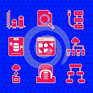 Set Different files, Hangar with servers, Hierarchy organogram chart, Computer network, Cloud technology data transfer