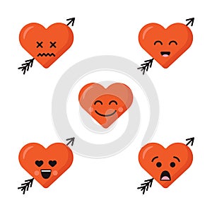 Set of different flat cute emoji heart faces with arrow isolated on the white background. Happy emoticons faces