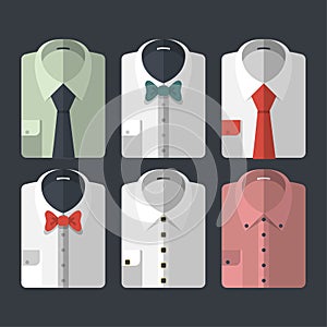 Set of different flat-style shirts with ties and bowties. Casual and business-style