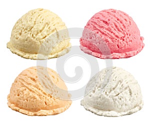 Set of different flavor ice cream scoops on white, clip