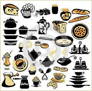 Set of different food - bread, pie, biscuit, cakes, eaggs, omelette, cheese, milk, pizza, coffee, tea, beer. Set of tableware - d