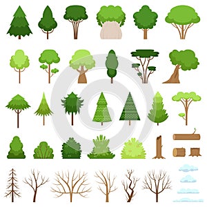 Set of different forest, tropical and dry trees, bushes, stumps, logs and clouds. Vector illustration