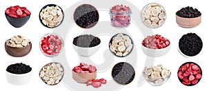 Set with different freeze dried berries and bananas on white background