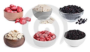 Set with different freeze dried berries and bananas on white background