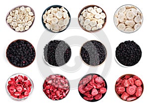 Set with different freeze dried berries and bananas on white background, top view