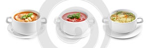 Set of different fresh homemade soups on white background photo