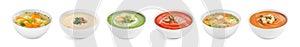 Set of different fresh homemade soups on white. Banner design photo