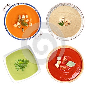 Set of different fresh homemade soups on white background, top