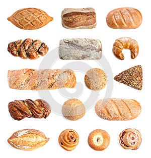 Set with different fresh loaves of bread and pastries on background, top view