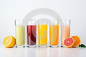 Set of different fresh smoothies in glass on white background