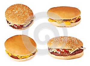 set of different Fresh tasty burger with cheese isolated on white background. Fast food Cheeseburger