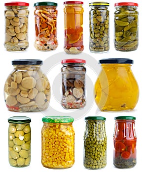 Set of different fruits & vegetables in glass jars