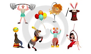 Set of different funny circus elements, people, animals, and decorations. Vector set illustration in flat cartoon style