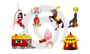 Set of different funny circus elements, people, animals, and decorations. Vector set illustration in flat cartoon style