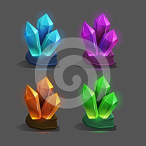 Set of different game resources cartoon crystals.