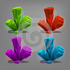 Set of different game resources cartoon crystals.