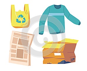 Set of Different Garbage and Plastic Bag, Ragged Sweater, Carton Box and Newspaper. Old Things, Trash, Litter, Rubbish