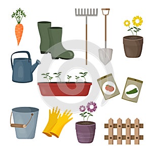 Set of different gardening items. Garden tools and plants. Flat design illustration of items for gardening. Vector illustration