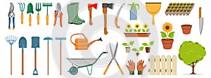 Set of different gardening tools, spring garden items, various tools for gardening, garden elements