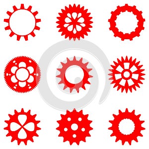 Set of different gears in red color, isolated