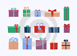 Set of different gift boxes and  presents isolated on white background. Flat vector illustration