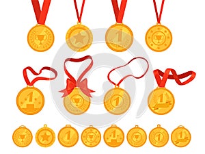 Set of different gold medals with ribbons. Rewarding for victory, first place