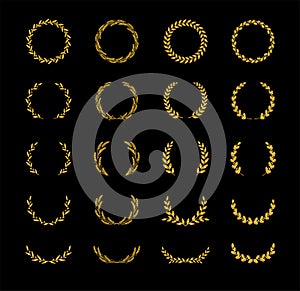 Set of different golden silhouette circular laurel foliate, olive, wheat and oak wreaths depicting an award, achievement, heraldry