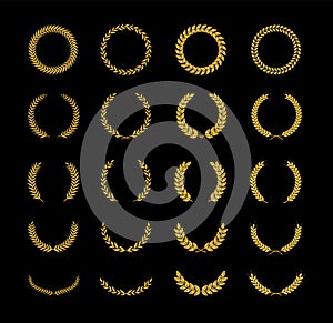 Set of different golden silhouette circular laurel foliate and wheat wreaths depicting an award, achievement, heraldry, nobility,