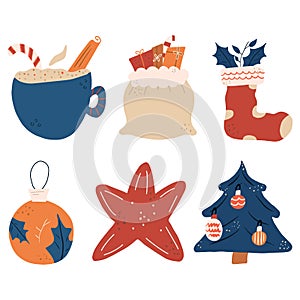 Set of different graphic elements for New year. Christmas tree, ball, gifts, star. Vector hand-drawn illustration