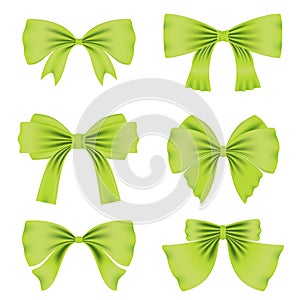 Set of different green bows for decoration. Decor for Valentine`s Day, birthday, wedding, celebrations and holidays.