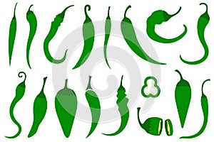 Set of different green chili peppers