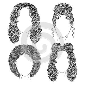 set of different hairs and hairstyle .fringe curly cascade kare. pencil drawing sketch .
